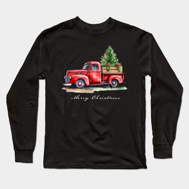 Classic Red Vintage Wagon Truck Christmas Tree Design Long Sleeve T-Shirt by dlinca